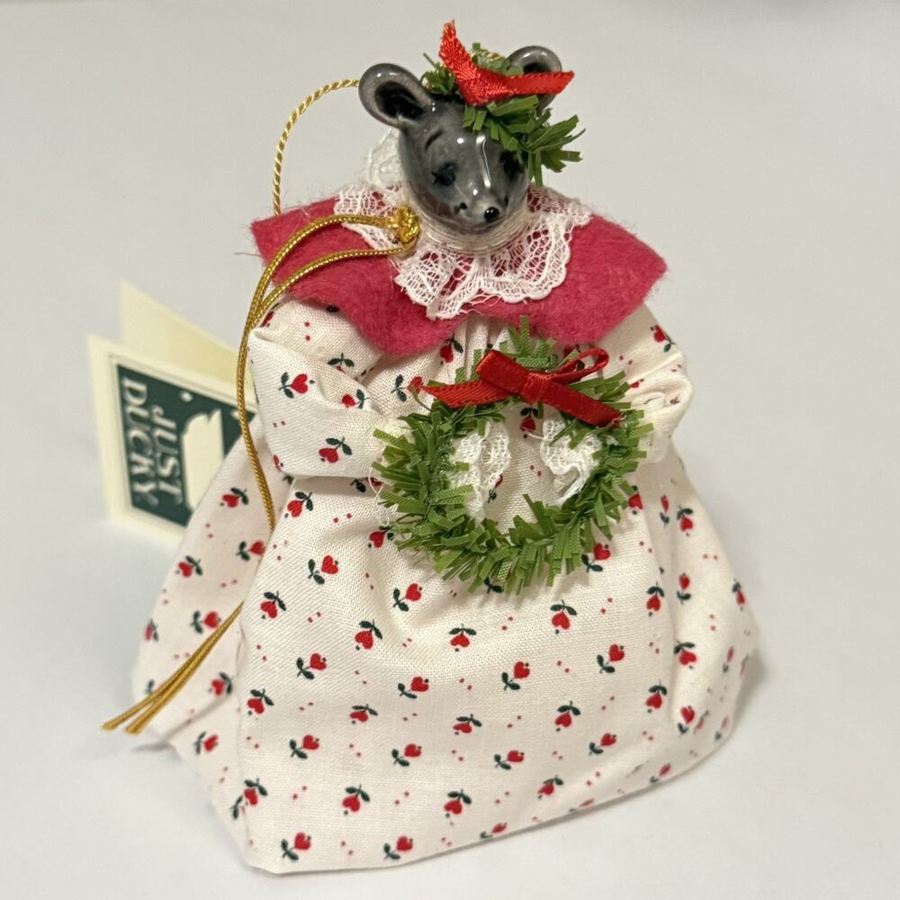 VTG 1987 Just Ducky Christmas Mouse Figurine Ornament Porcelain Head 5" Cottage